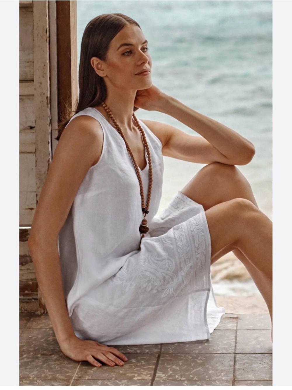 J. JILL Resort Lagenlook 100% Linen Embroidered High-Low Sleeveless White Midi M